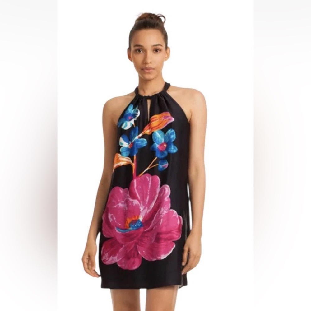 Trina Turk Midi Roe Floral Black Pink Halter Dress Size 8